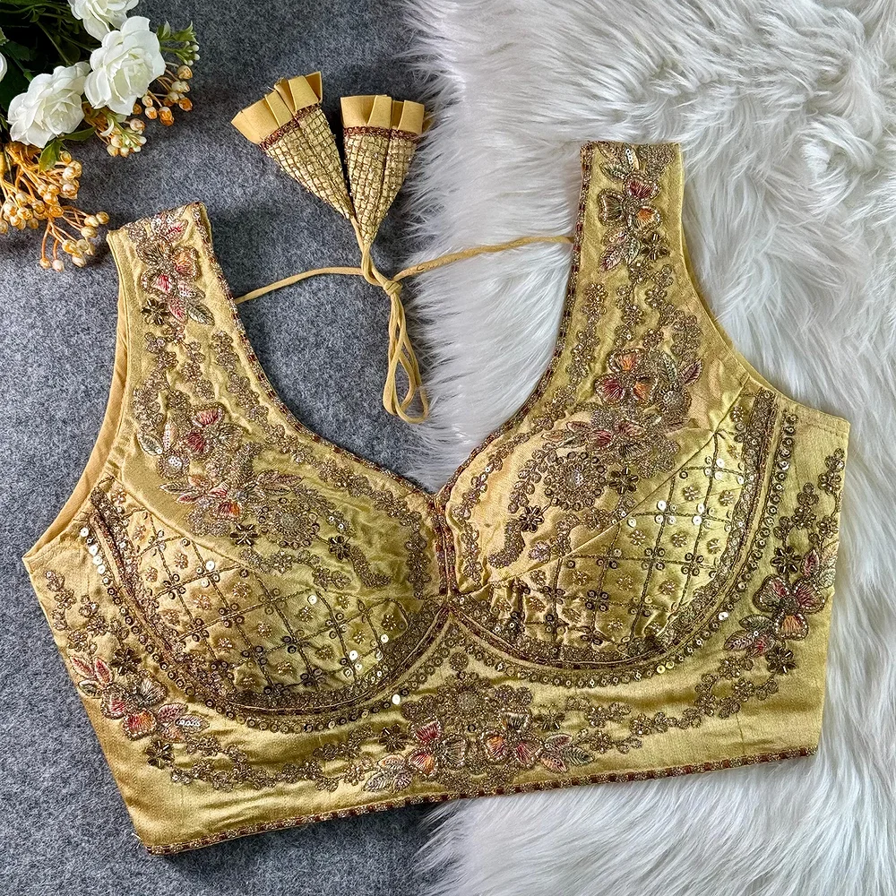 Gold Color Sabyasachi Neck Bridal Blouse with Heavy Stars & Beads Work — view 4