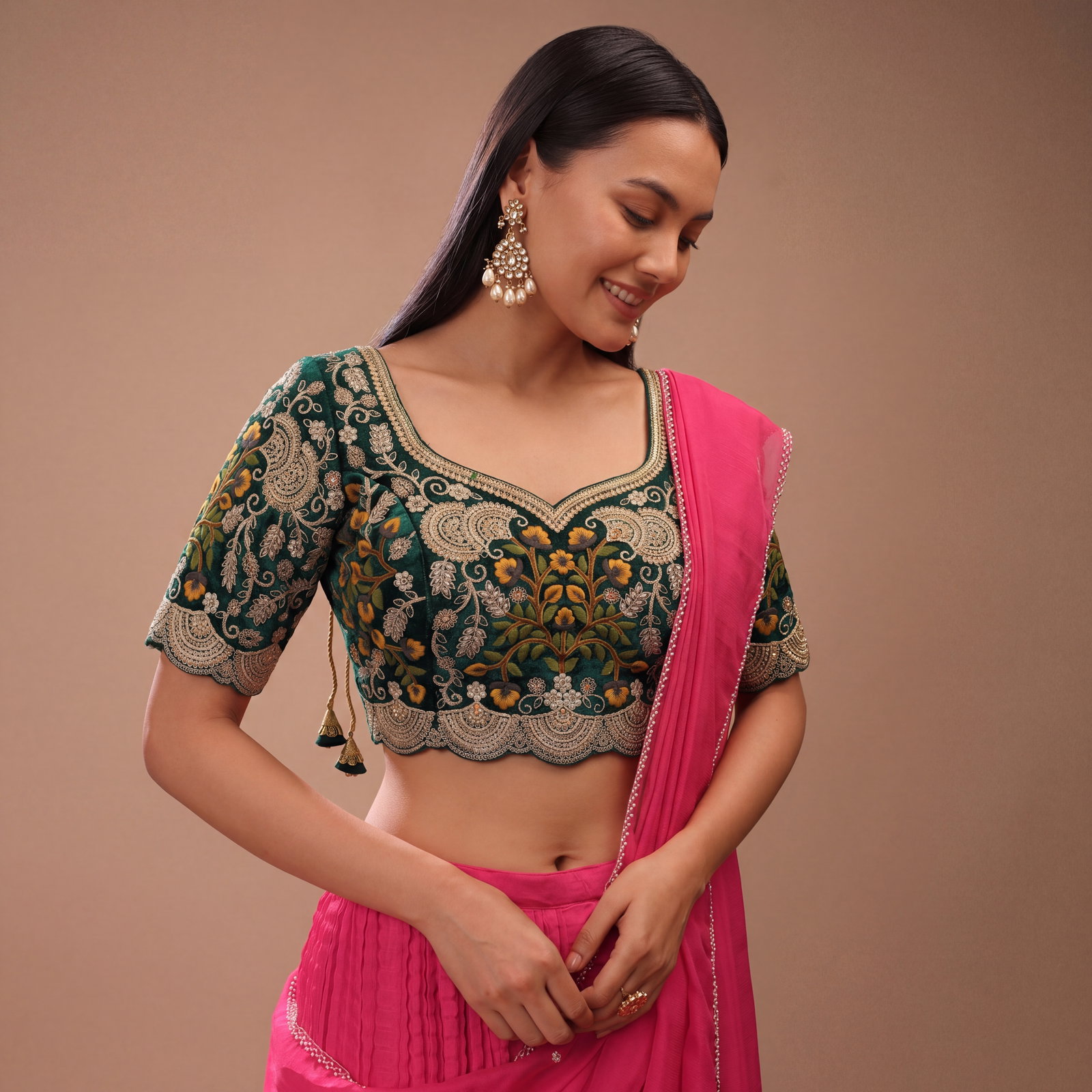 Bottle Green Color Wedding Special Velvet Embroidered Blouse