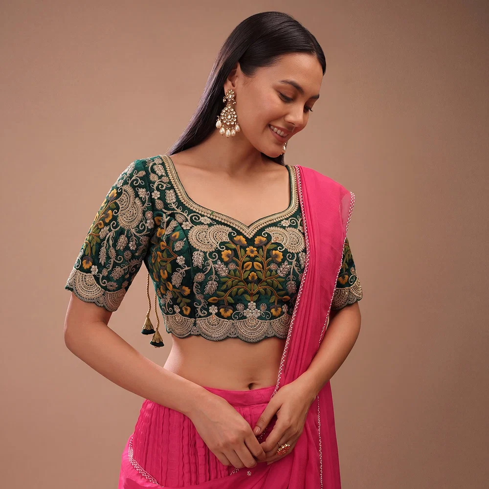 Bottle Green Color Wedding Special Velvet Embroidered Blouse — view 1