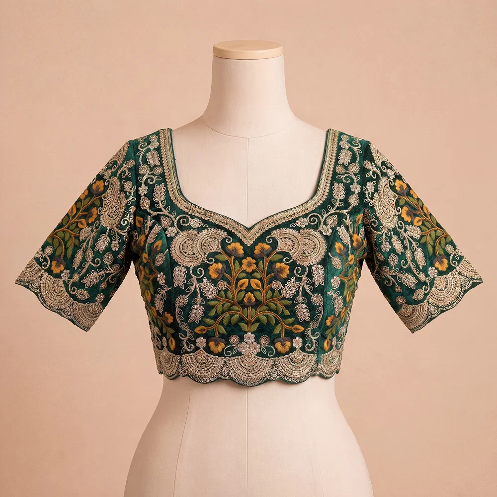 Bottle Green Color Wedding Special Velvet Embroidered Blouse — view 2