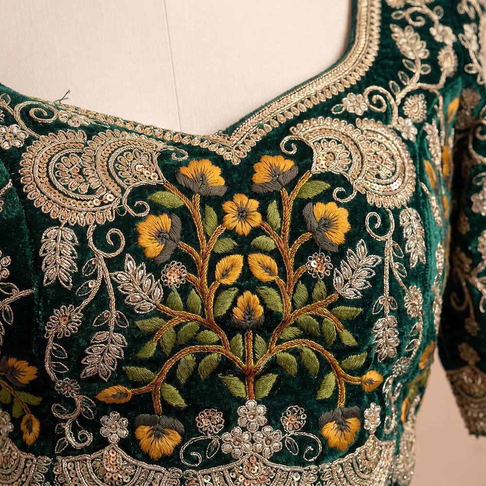 Bottle Green Color Wedding Special Velvet Embroidered Blouse — view 3