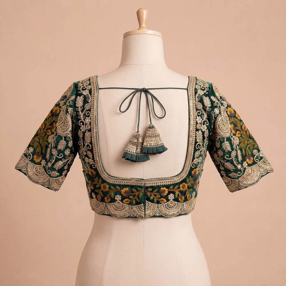 Bottle Green Color Wedding Special Velvet Embroidered Blouse — view 4