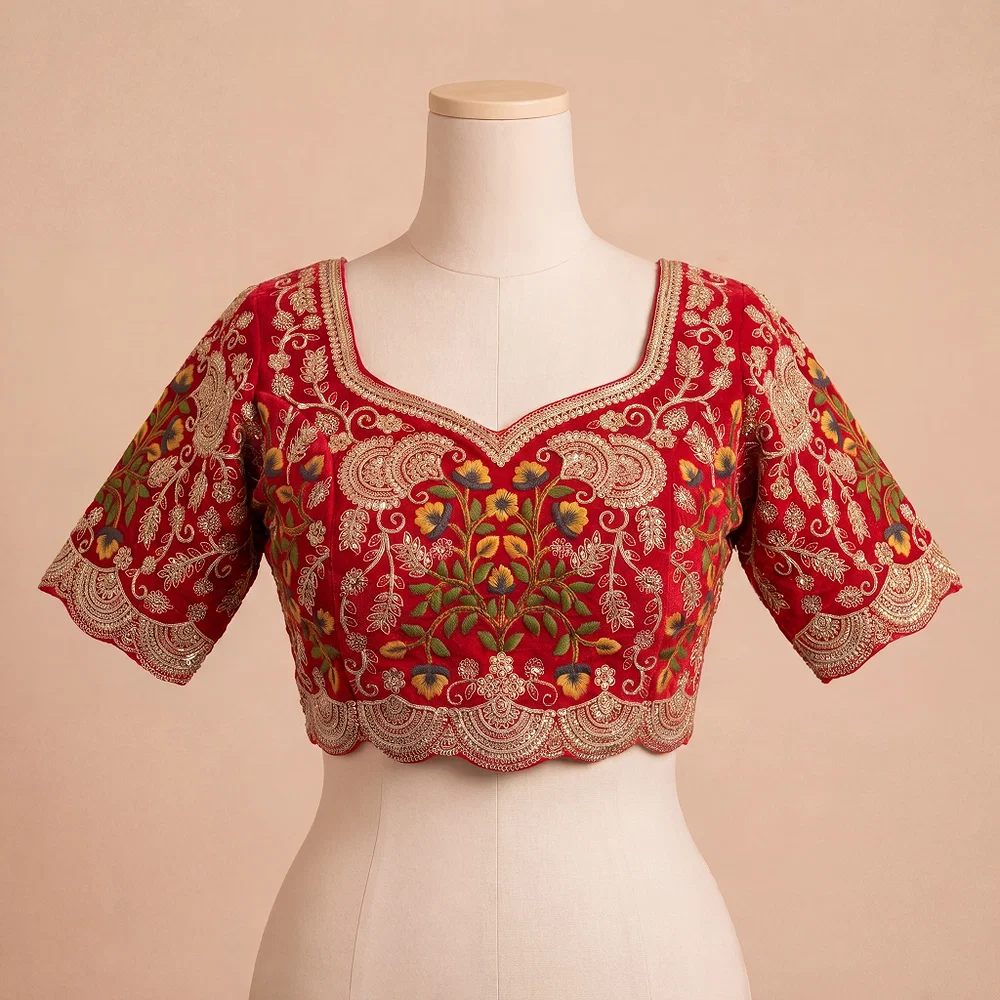 Red Color Wedding Special Velvet Embroidered Blouse — view 2