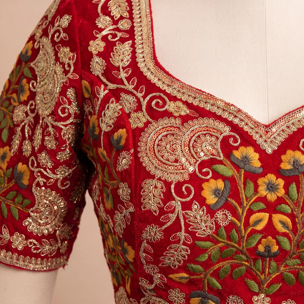 Red Color Wedding Special Velvet Embroidered Blouse — view 3