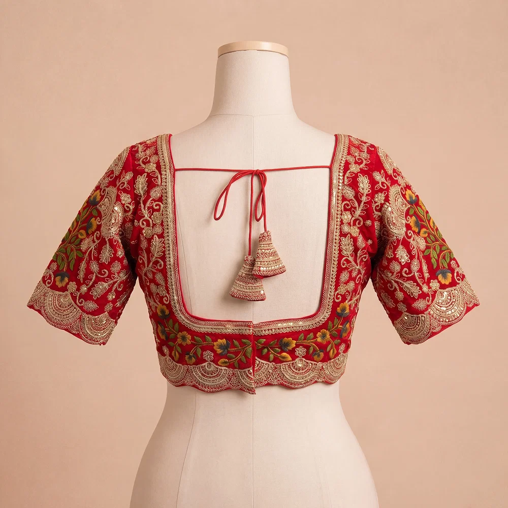Red Color Wedding Special Velvet Embroidered Blouse — view 4