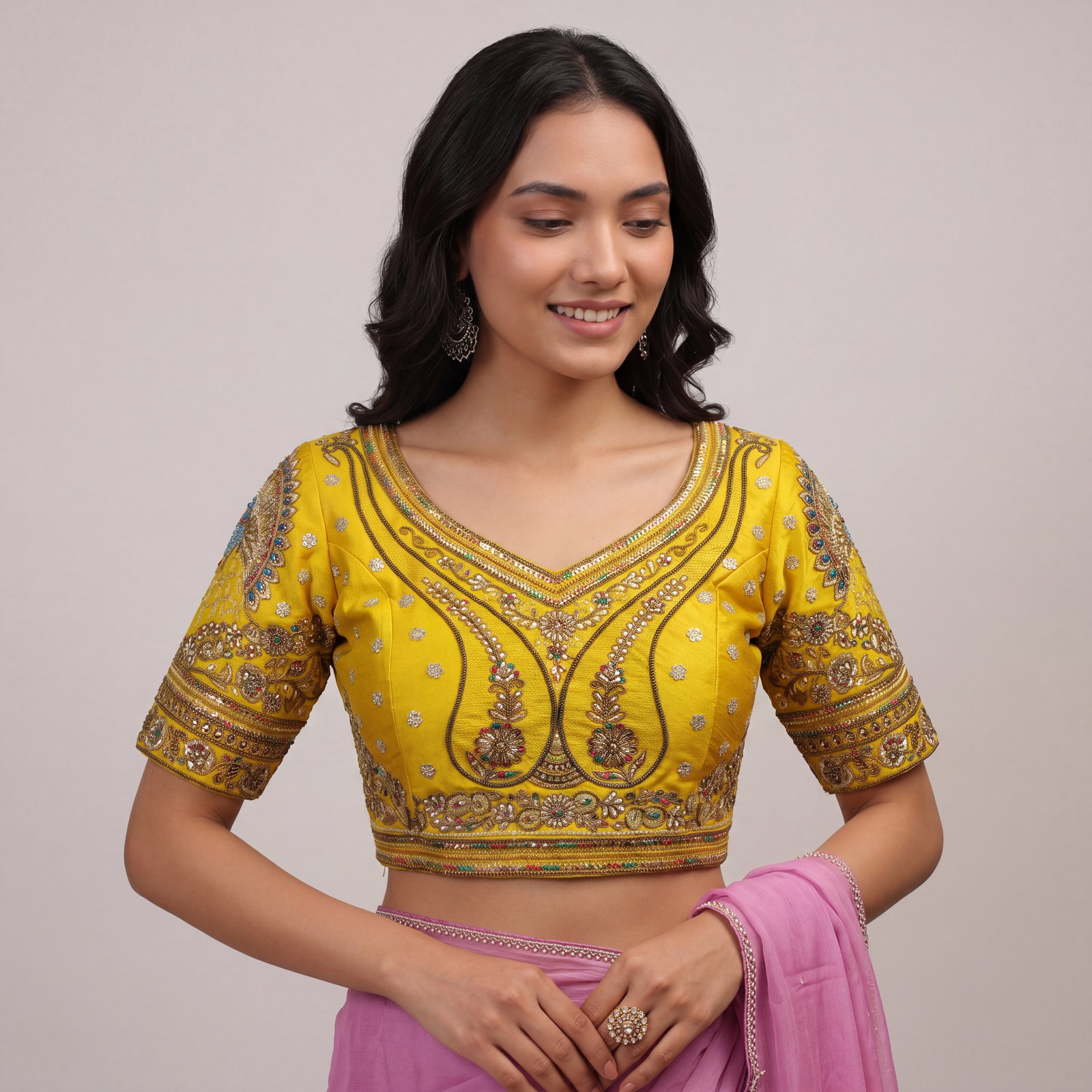 Yellow Color Bridal Bliss Apple-Cut Codding Work Blouse