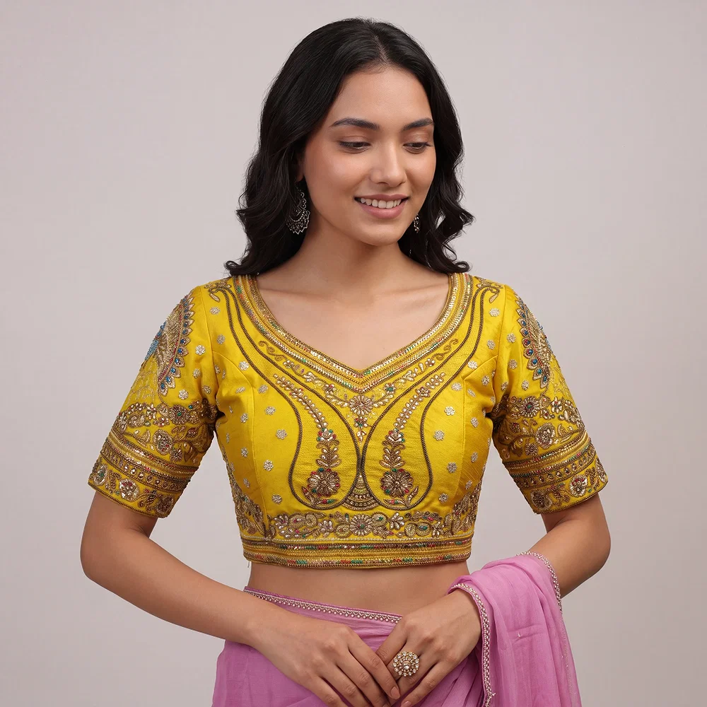 Yellow Color Bridal Bliss Apple-Cut Codding Work Blouse — view 1