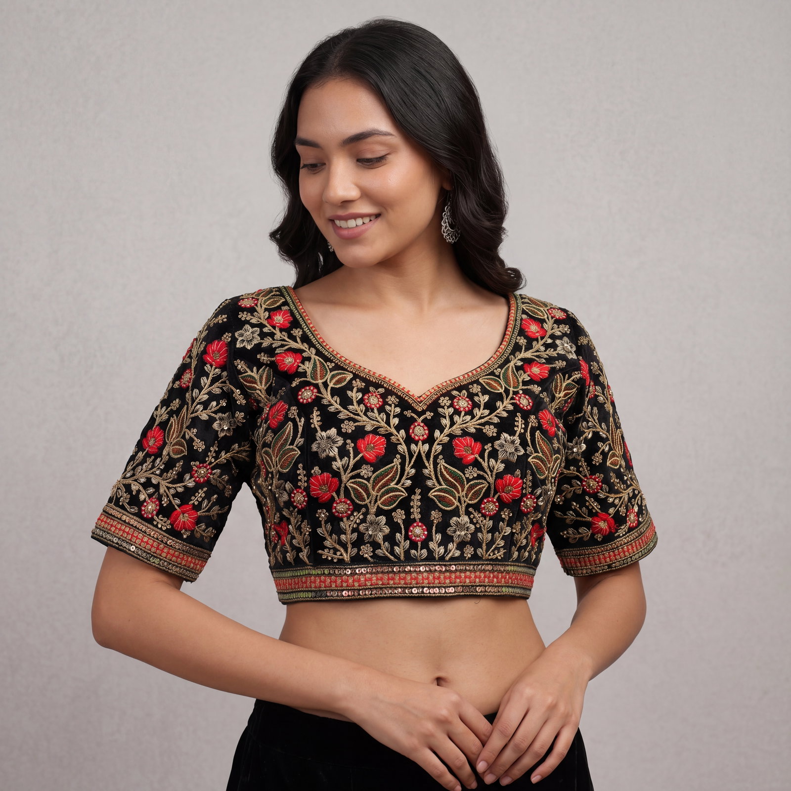 Black Color Bridal Velvet Blouse with Diamond Handwork