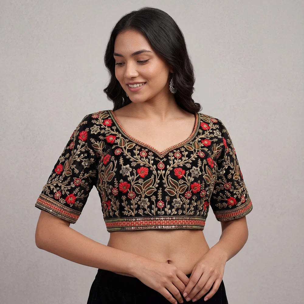 Black Color Bridal Velvet Blouse with Diamond Handwork — view 1