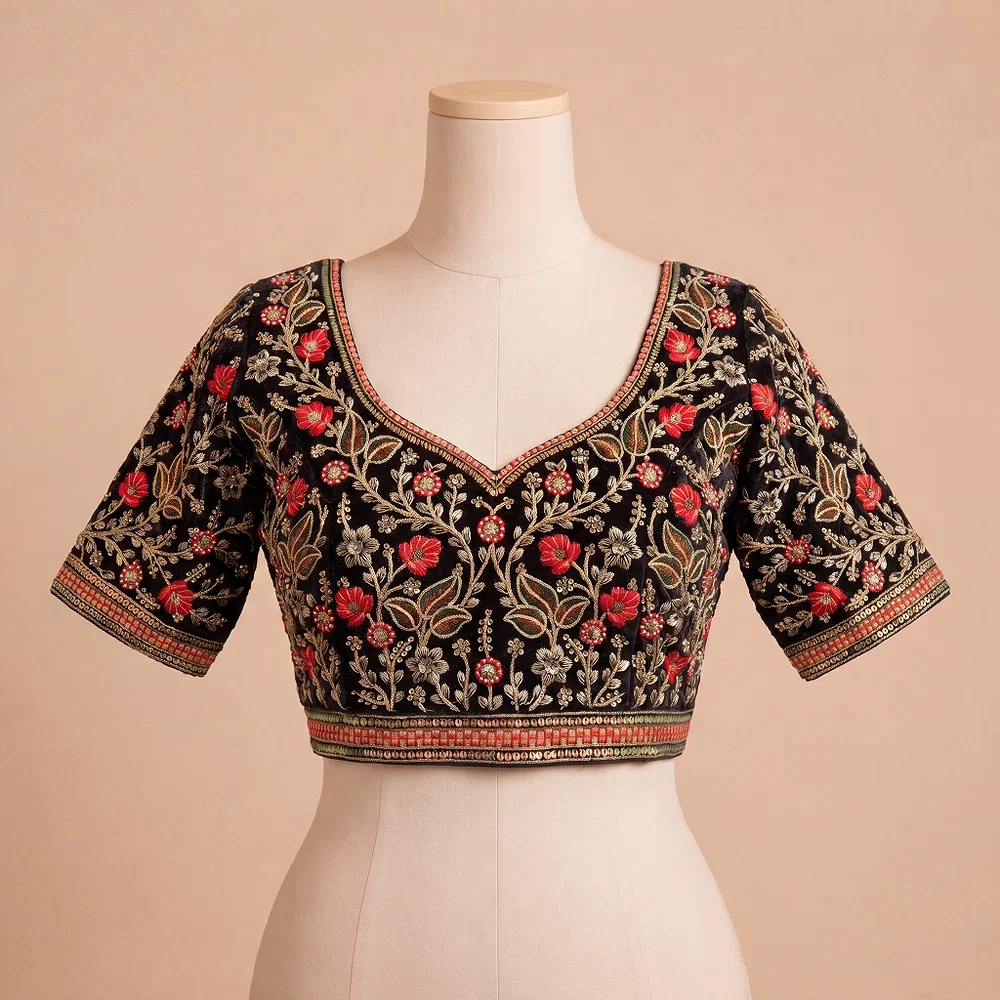 Black Color Bridal Velvet Blouse with Diamond Handwork — view 2