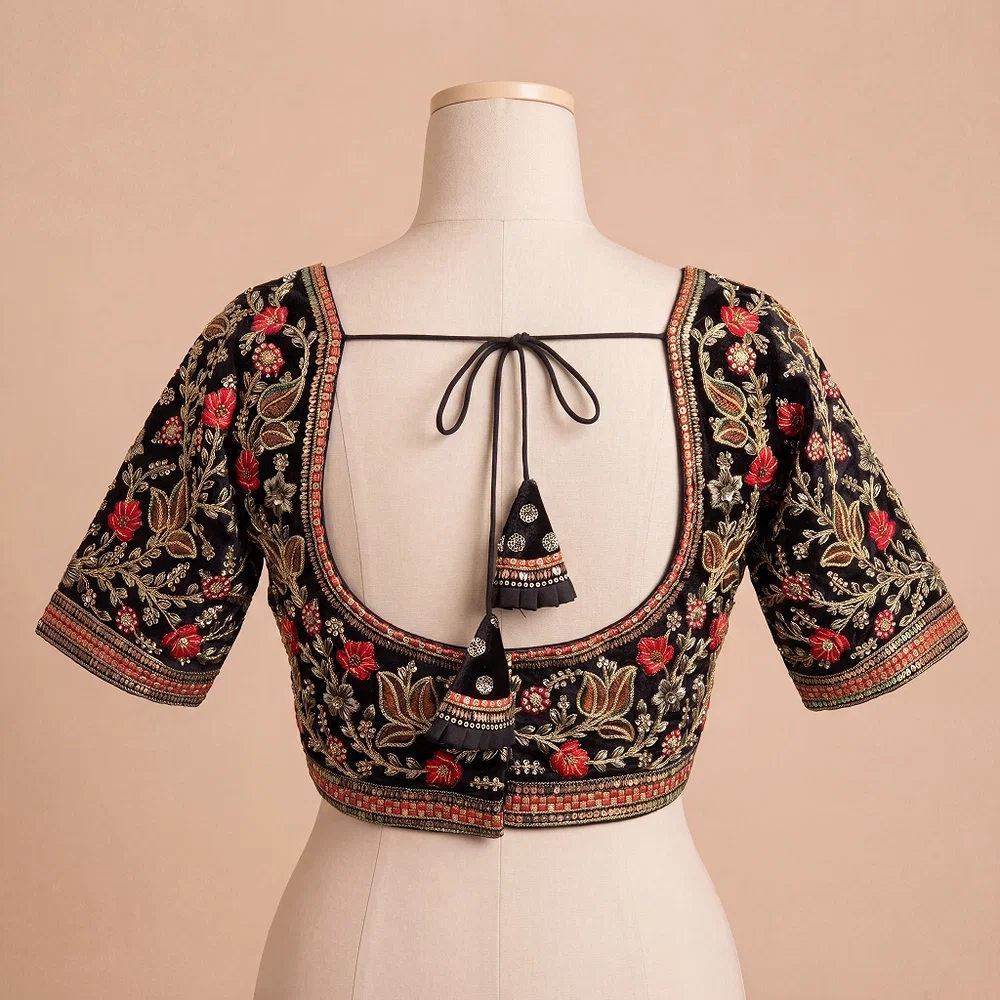 Black Color Bridal Velvet Blouse with Diamond Handwork — view 4