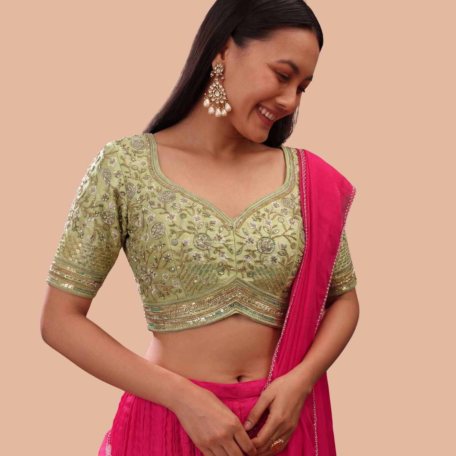 Pista Green Colour Heavy Handwork Party Blouse