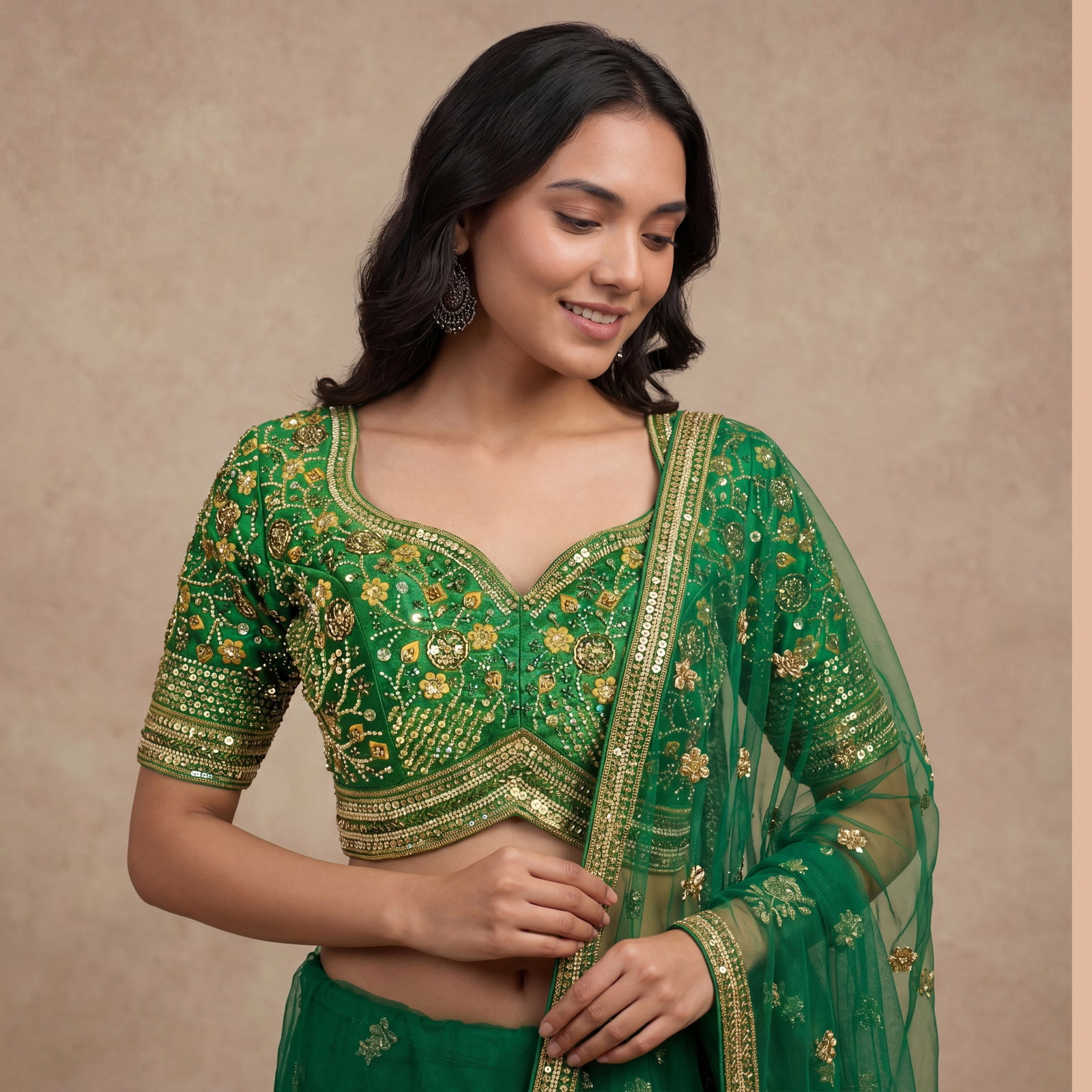 Green Colour Heavy Handwork Party Blouse
