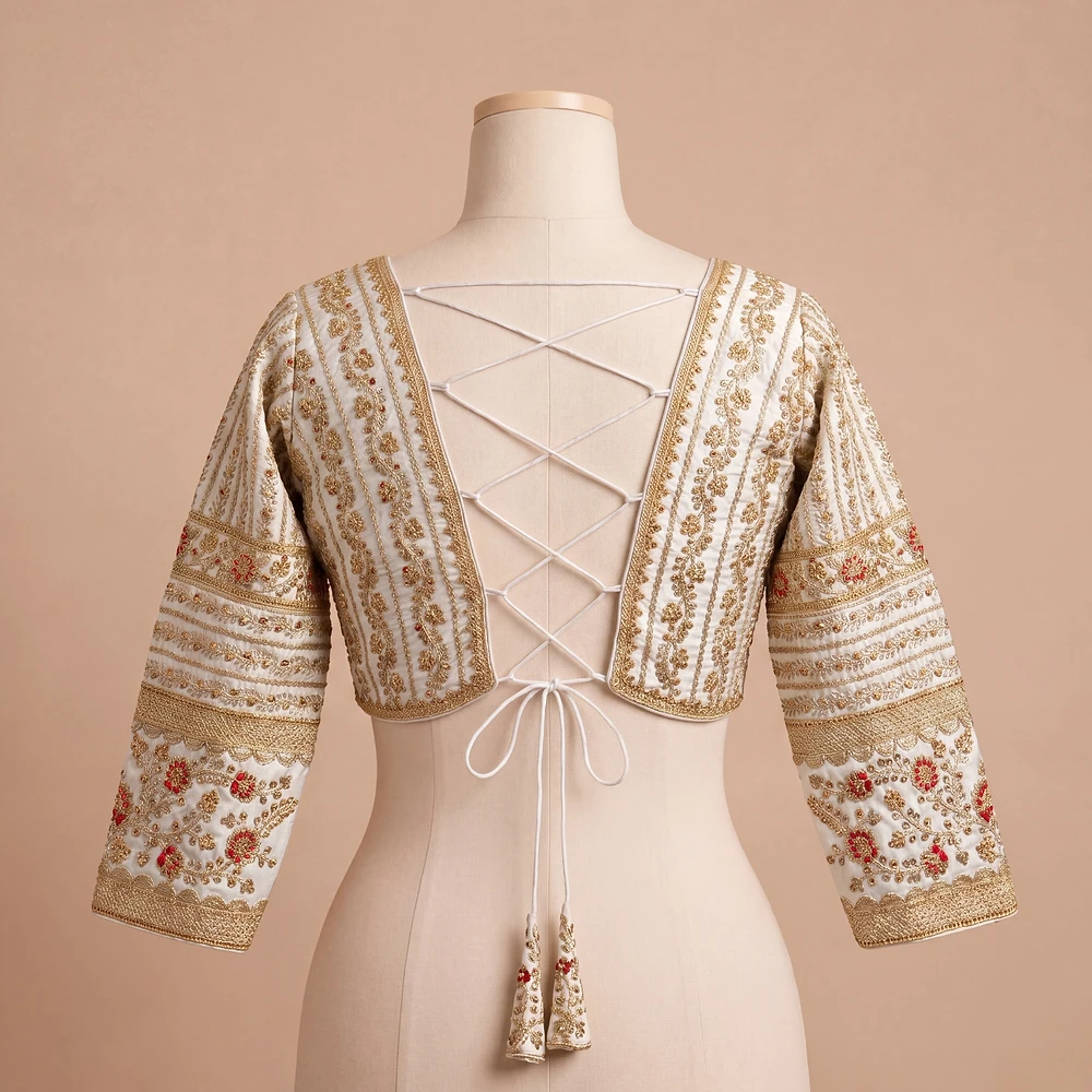 White Colour Bridal Blouse With Dori Latkans — view 3