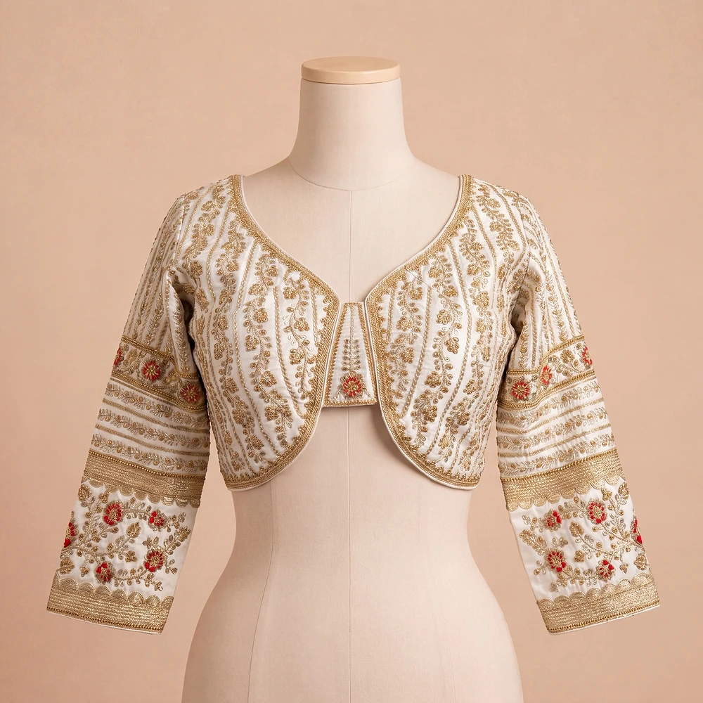 White Colour Bridal Blouse With Dori Latkans — view 2
