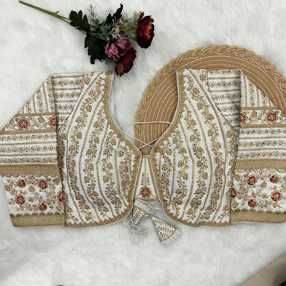 White Colour Bridal Blouse With Dori Latkans — view 4