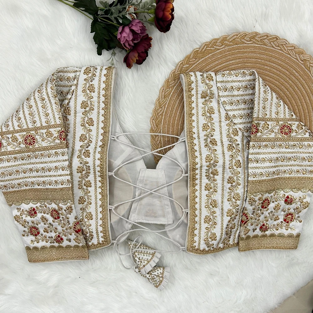 White Colour Bridal Blouse With Dori Latkans — view 5
