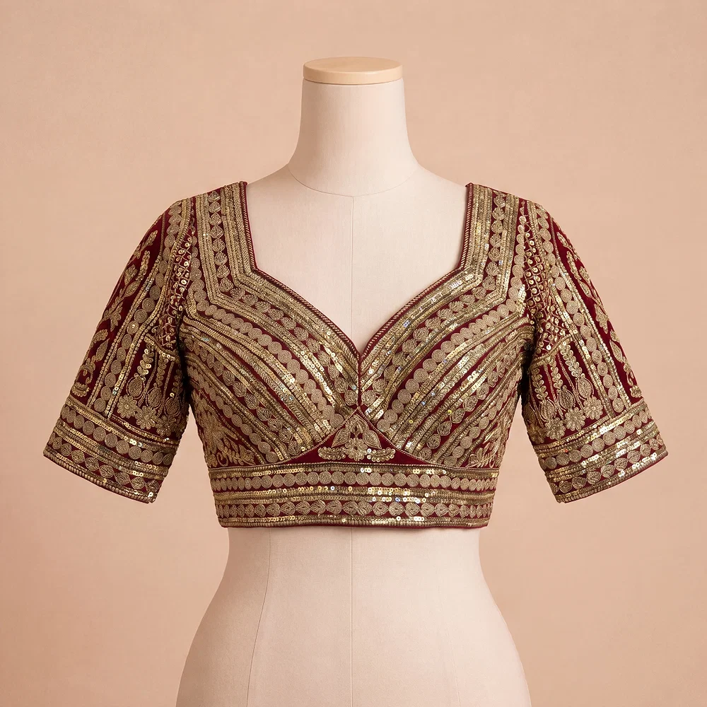 Maroon Bridal Italian Silk Embroidered Designer Readymade Blouse — view 2