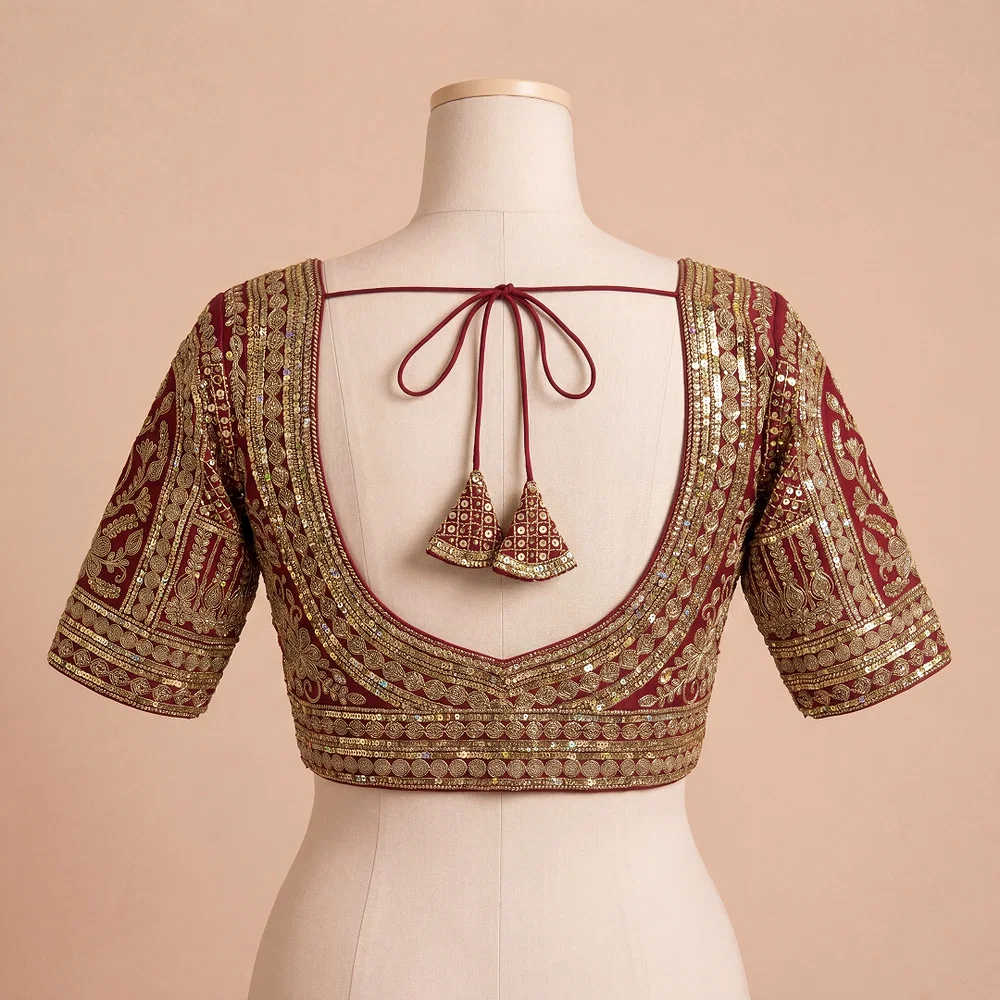 Maroon Bridal Italian Silk Embroidered Designer Readymade Blouse — view 3