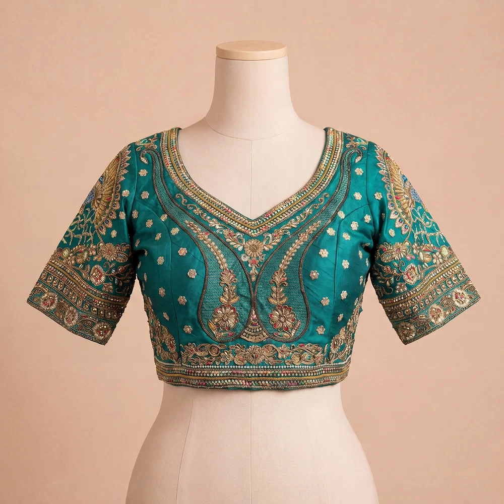 Green Color Bridal Bliss Apple-Cut Codding Work Blouse — view 2