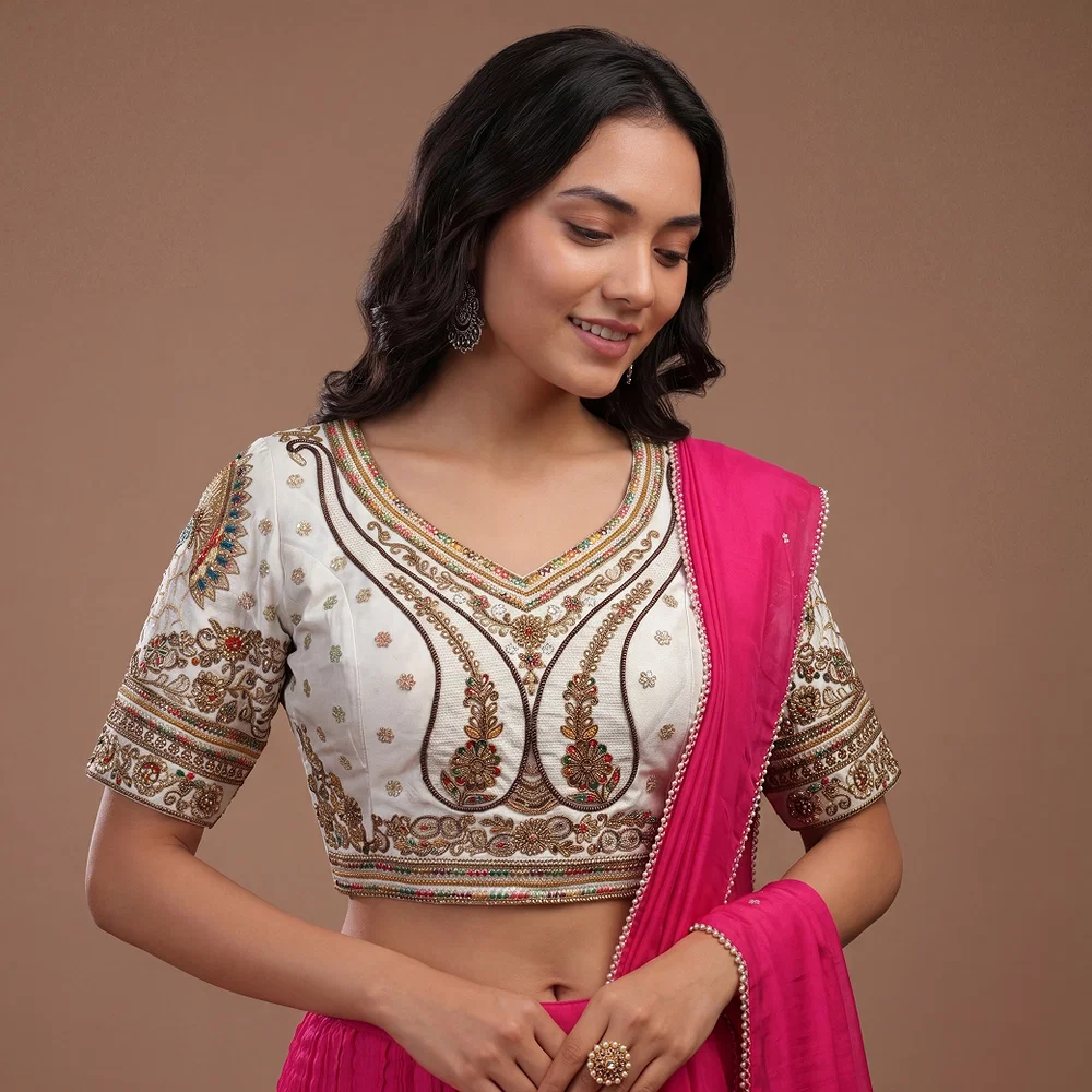 White Color Bridal Bliss Apple-Cut Codding Work Blouse — view 1