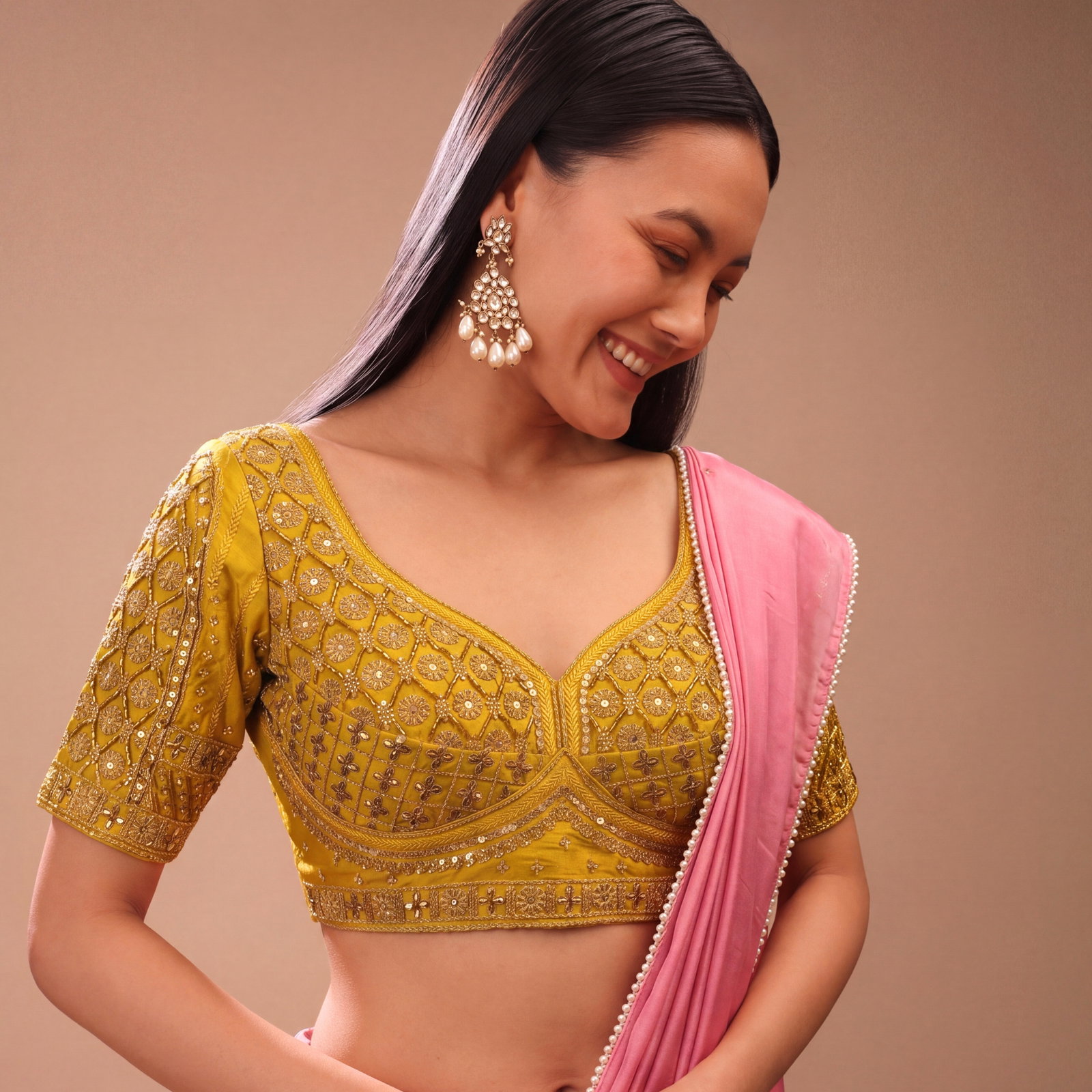 Mustard Heavy Stars & Beads Bridal Partywear Blouse