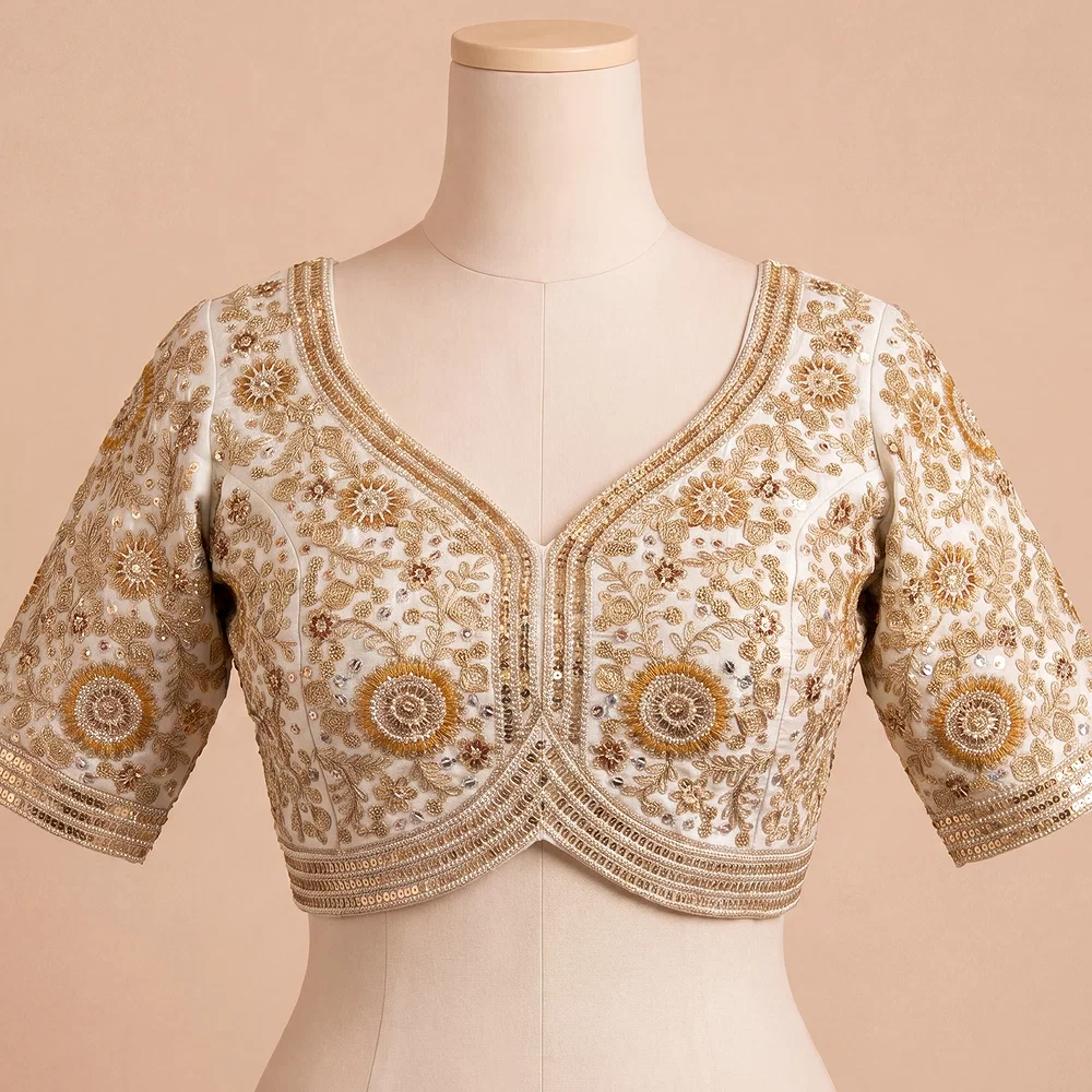 White Color Apple Cut Bridal Heavy Embroidery Work Blouse — view 2
