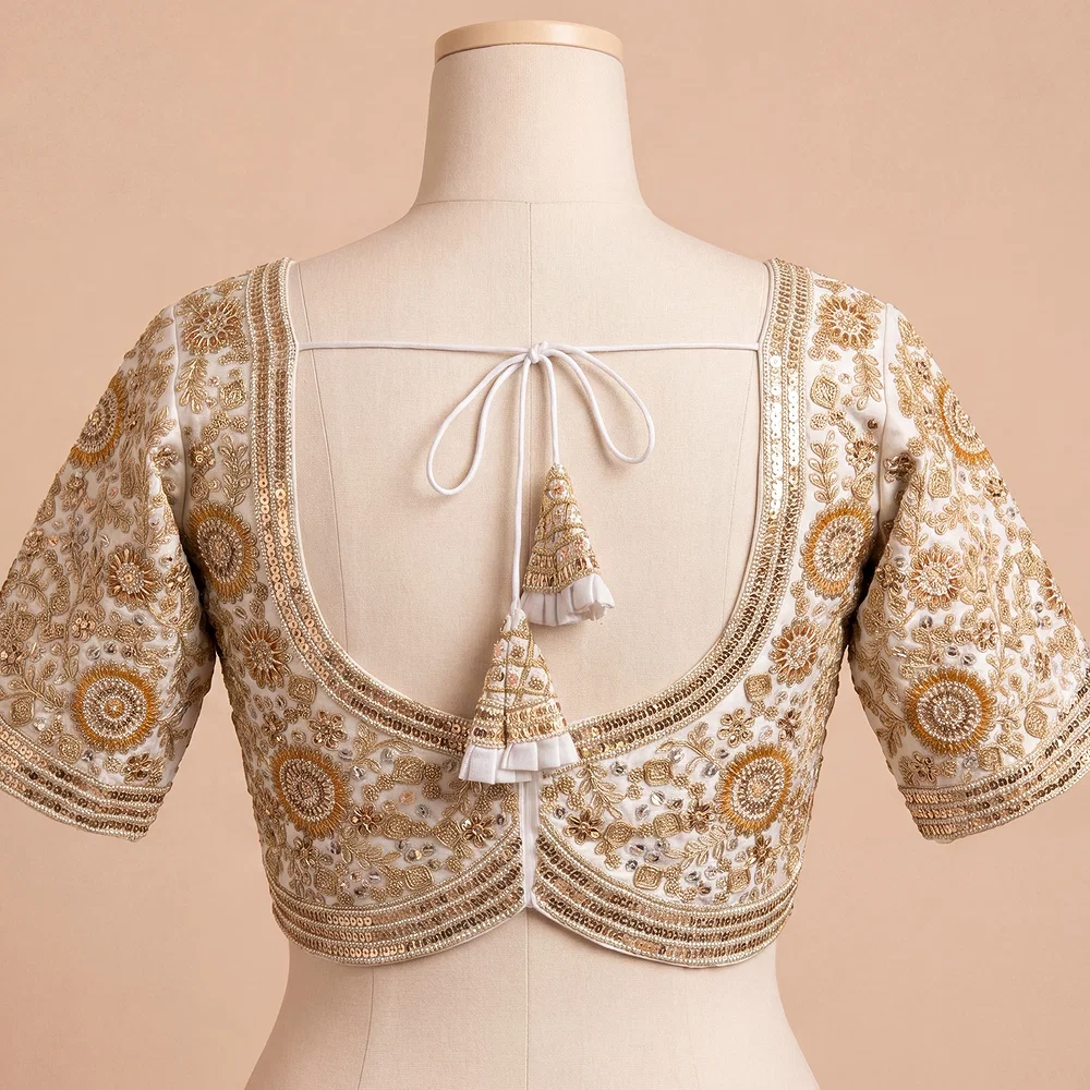 White Color Apple Cut Bridal Heavy Embroidery Work Blouse — view 3
