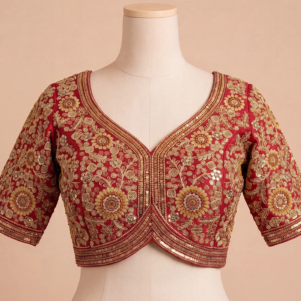 Maroon Color Apple Cut Bridal Heavy Embroidery Work Blouse — view 2