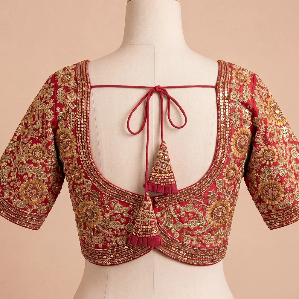 Maroon Color Apple Cut Bridal Heavy Embroidery Work Blouse — view 3