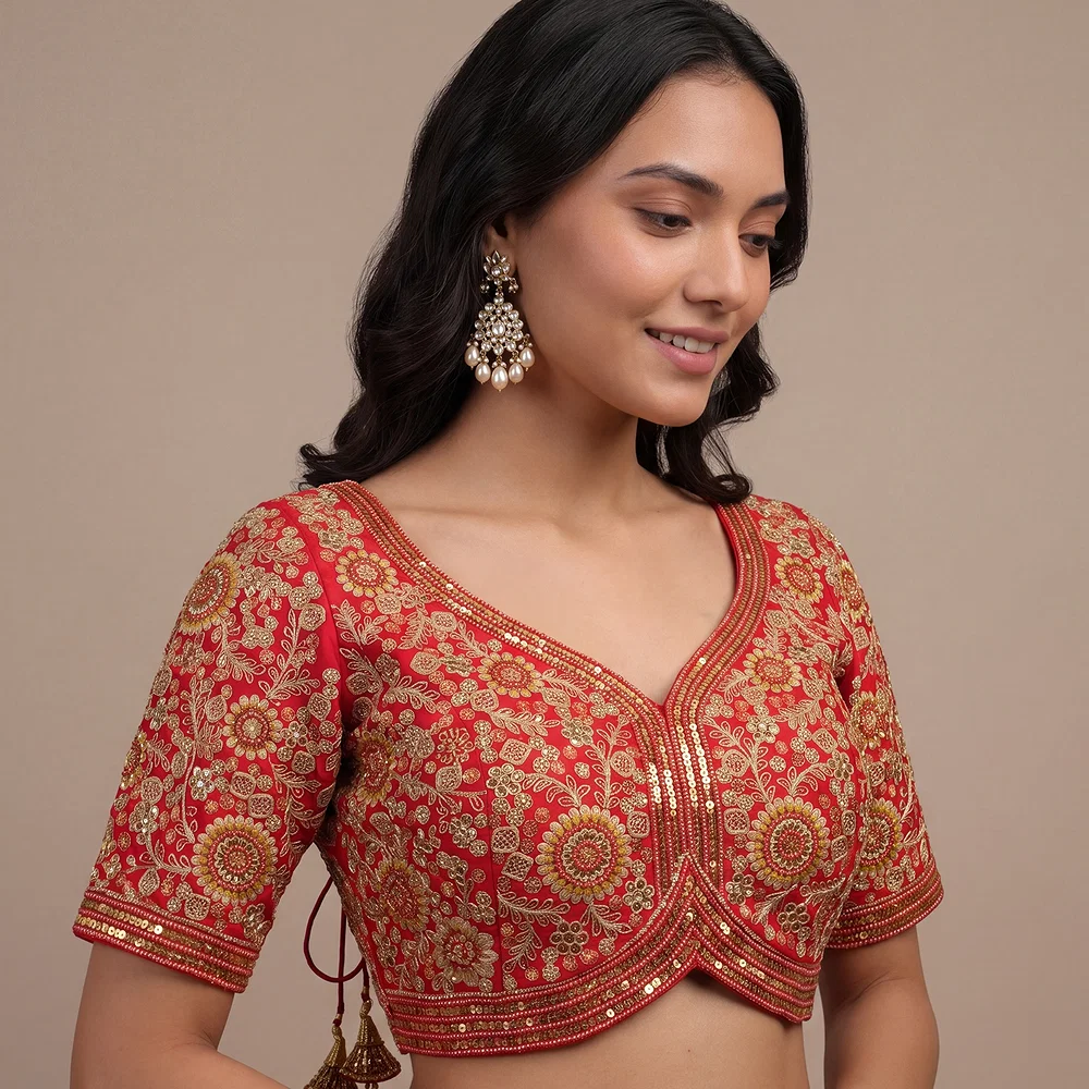 Red Color Apple Cut Bridal Heavy Embroidery Work Blouse — view 1
