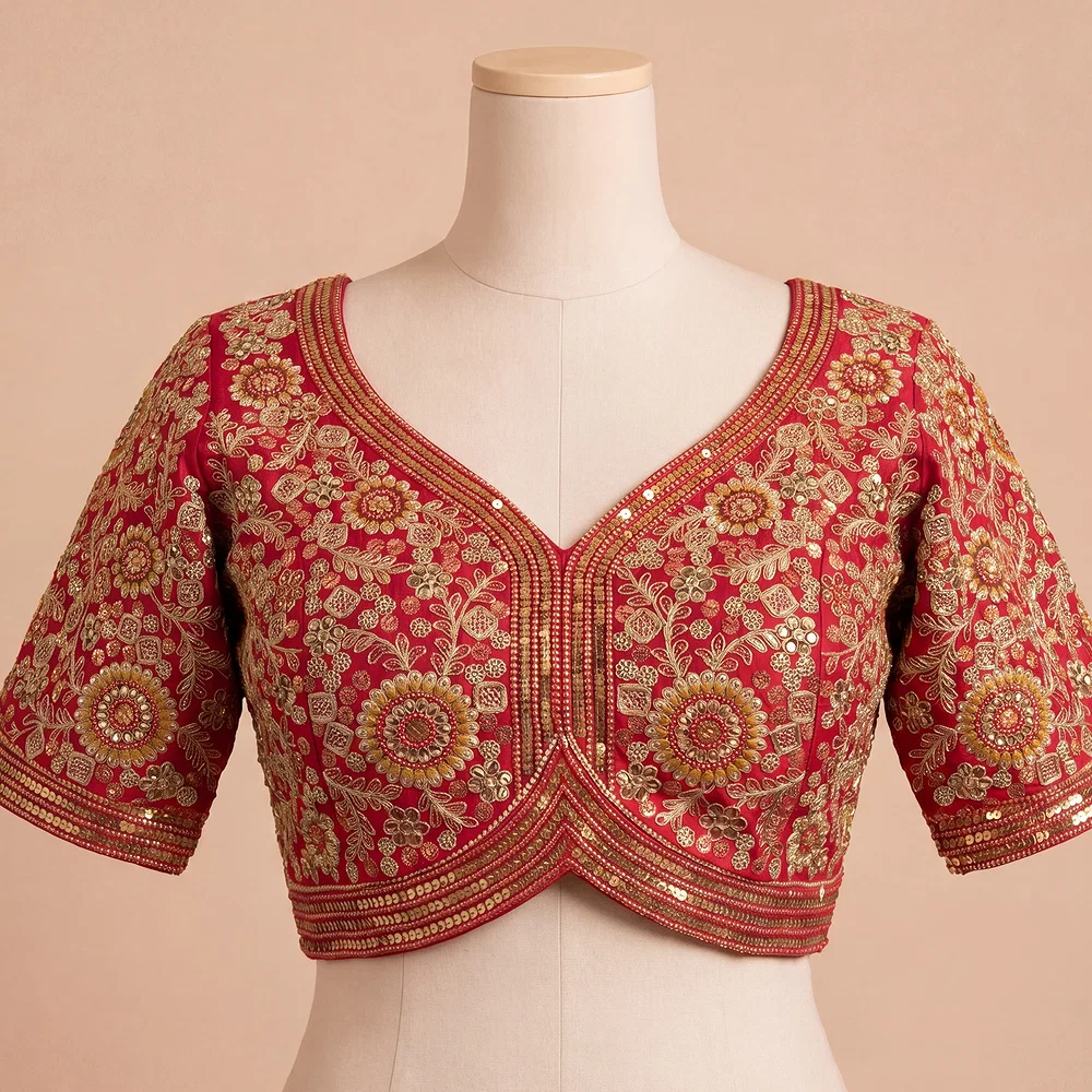 Red Color Apple Cut Bridal Heavy Embroidery Work Blouse — view 2