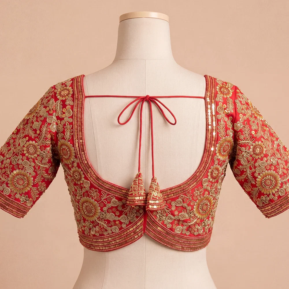 Red Color Apple Cut Bridal Heavy Embroidery Work Blouse — view 3