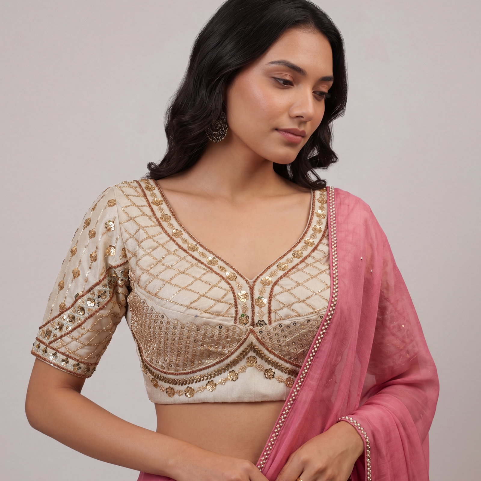 White Color Handwork & Sequence Italian Silk Bridal Blouse