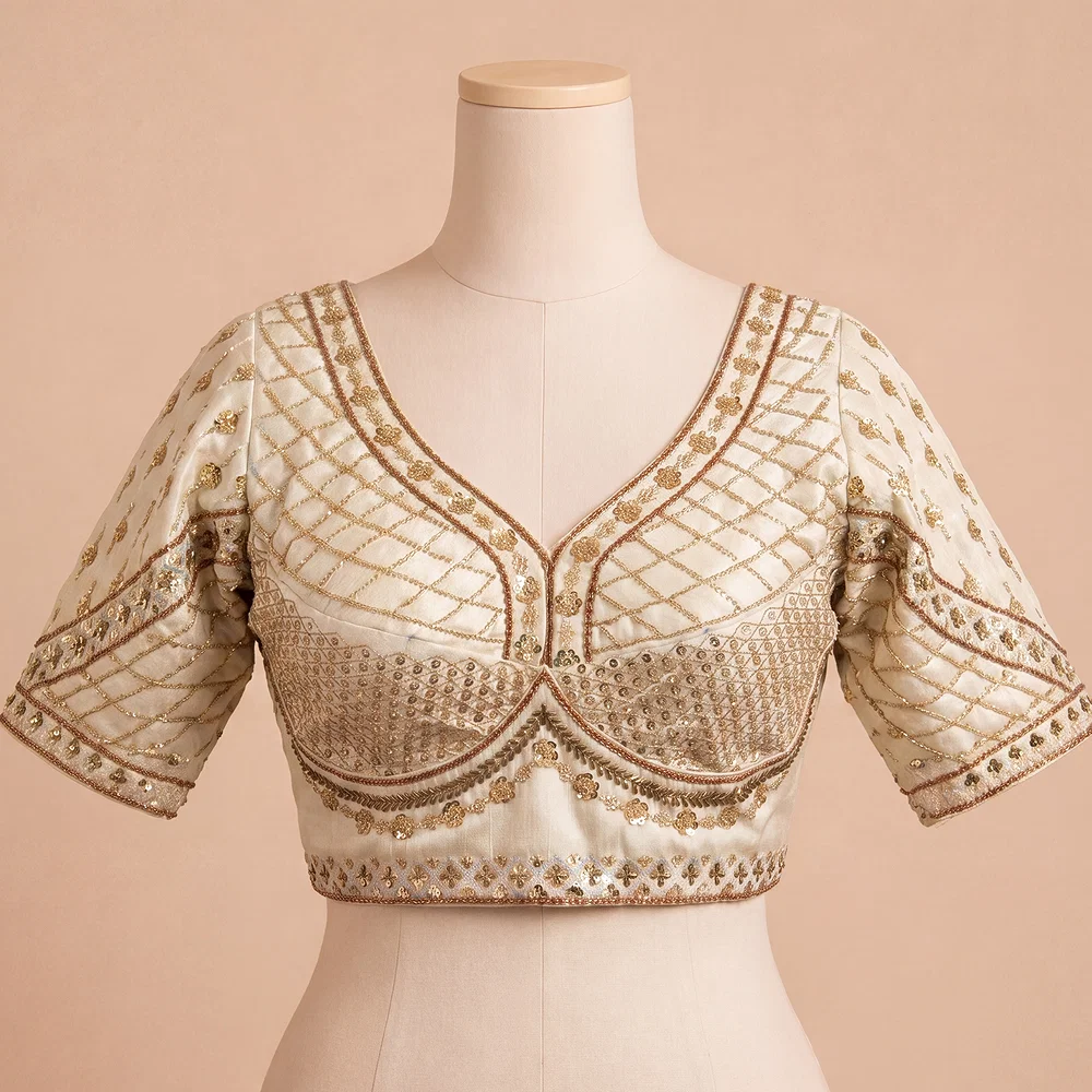 White Color Handwork & Sequence Italian Silk Bridal Blouse — view 2