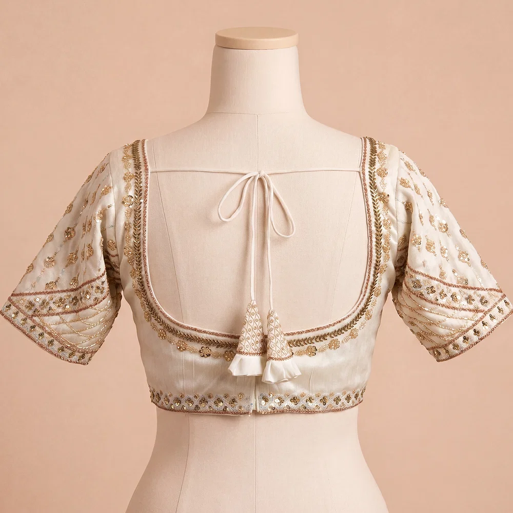 White Color Handwork & Sequence Italian Silk Bridal Blouse — view 3