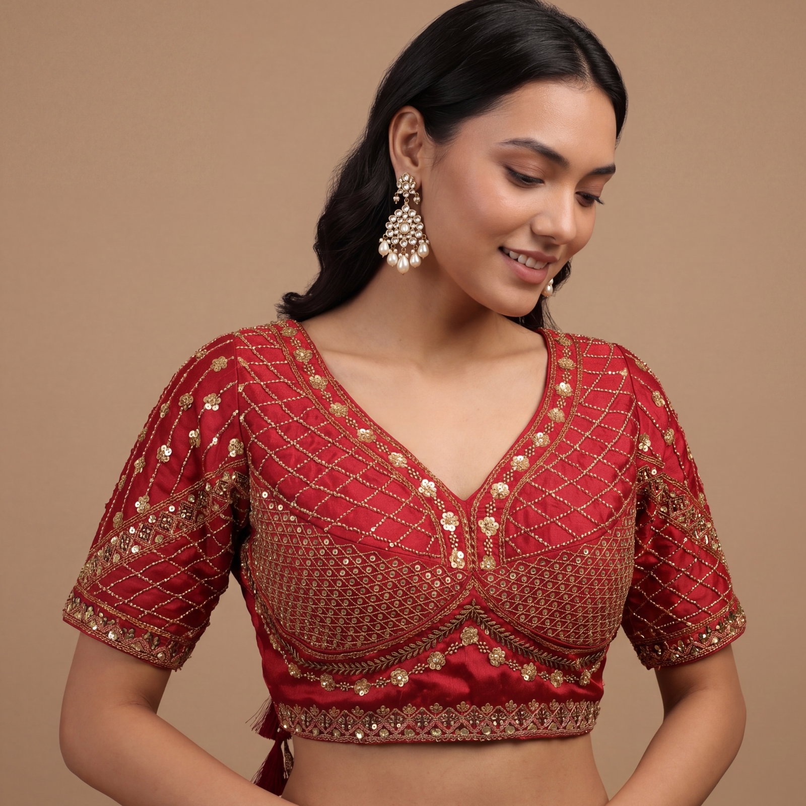 Maroon Color Handwork & Sequence Italian Silk Bridal Blouse
