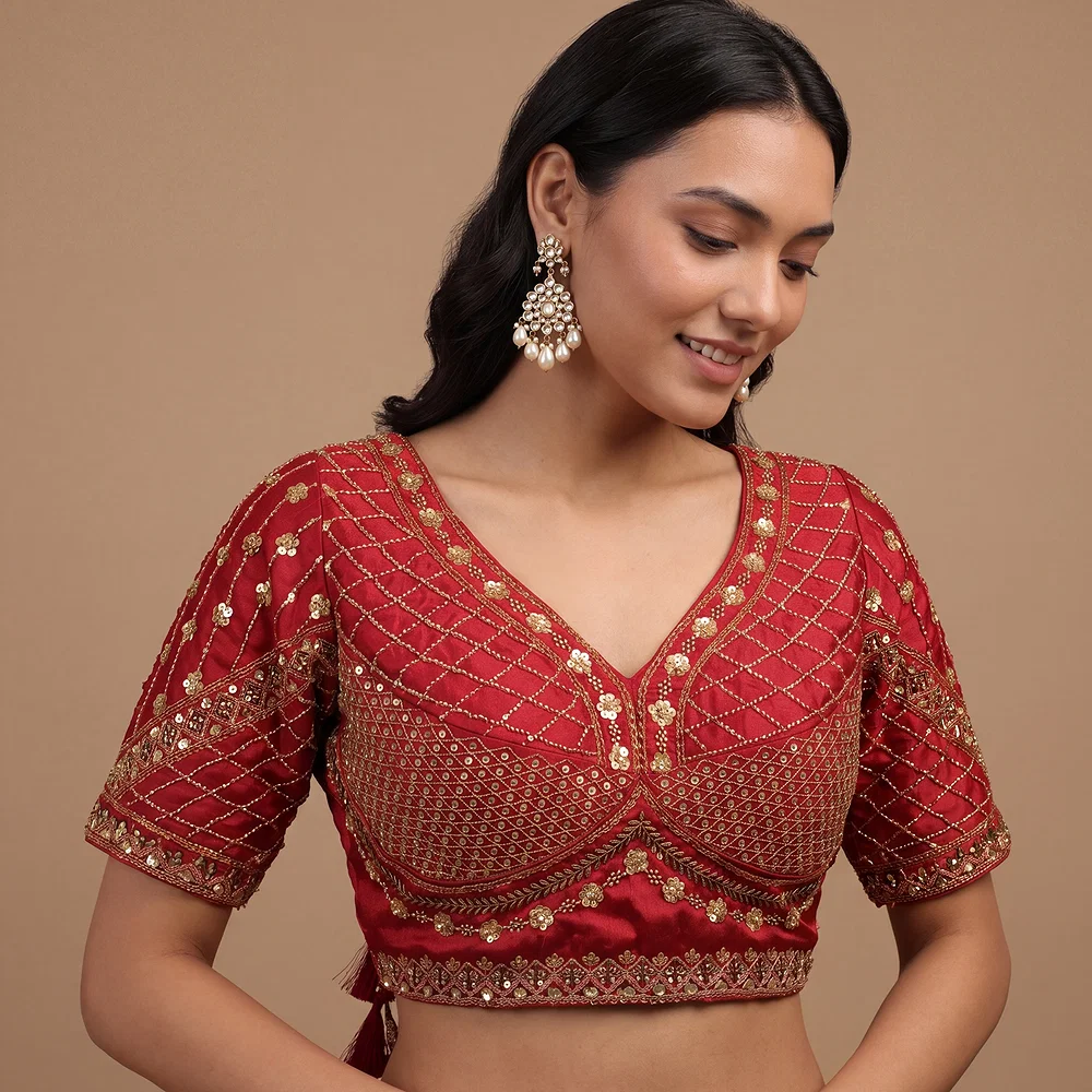 Maroon Color Handwork & Sequence Italian Silk Bridal Blouse — view 1