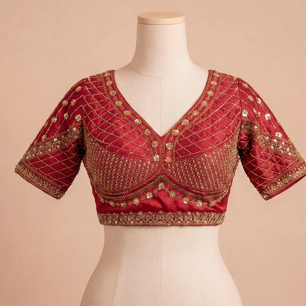 Maroon Color Handwork & Sequence Italian Silk Bridal Blouse — view 2