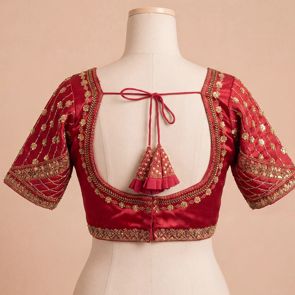 Maroon Color Handwork & Sequence Italian Silk Bridal Blouse — view 3