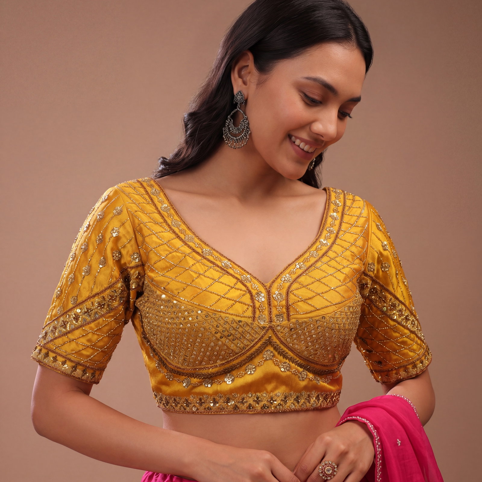 Yellow Color Handwork & Sequence Italian Silk Bridal Blouse