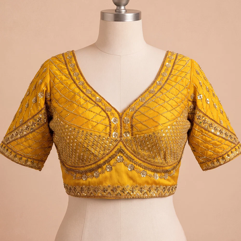 Yellow Color Handwork & Sequence Italian Silk Bridal Blouse — view 2