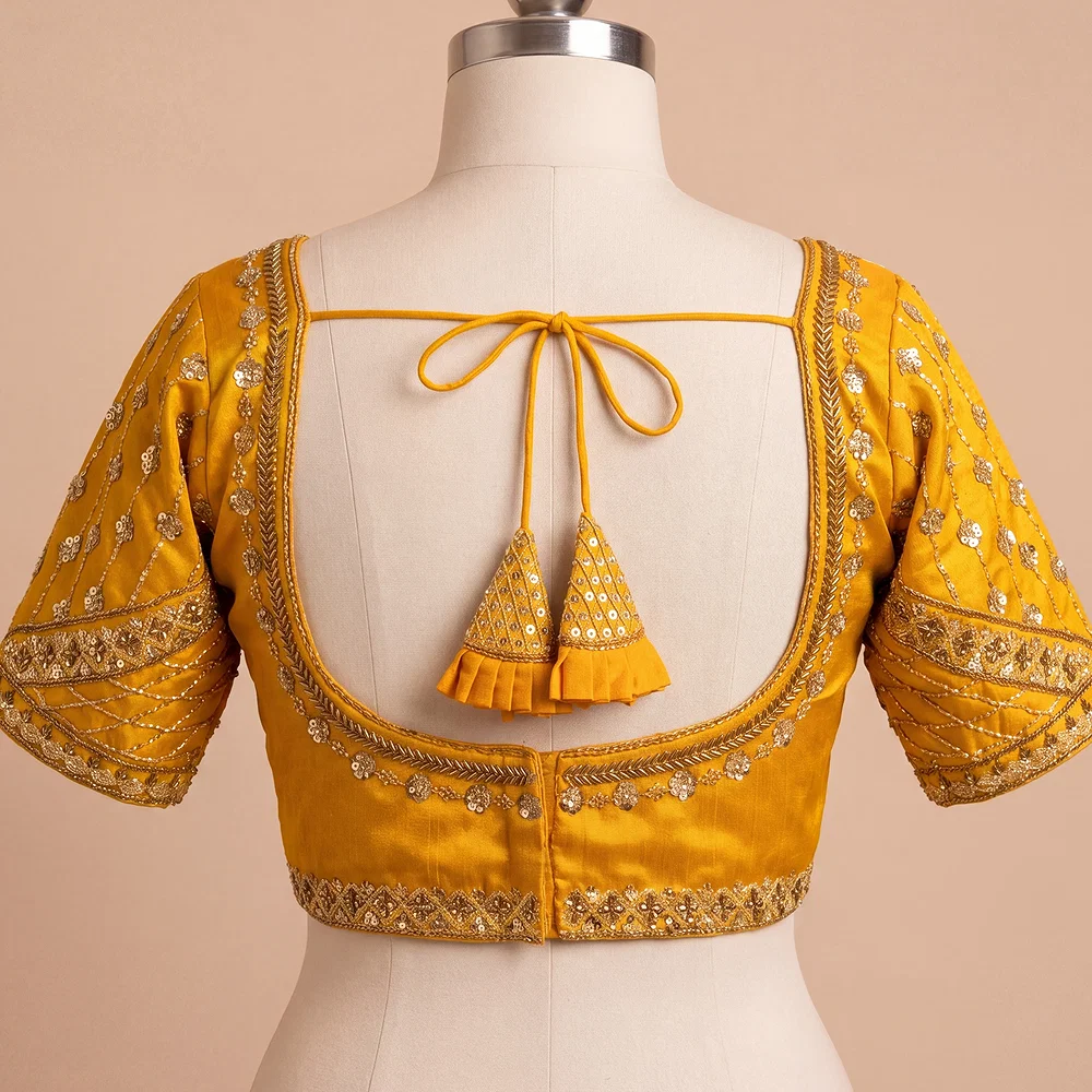 Yellow Color Handwork & Sequence Italian Silk Bridal Blouse — view 3
