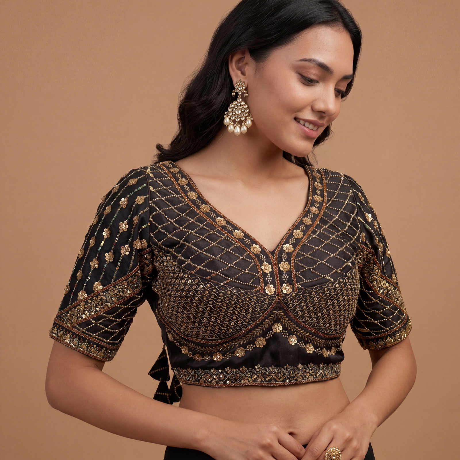 Black Color Handwork & Sequence Italian Silk Bridal Blouse