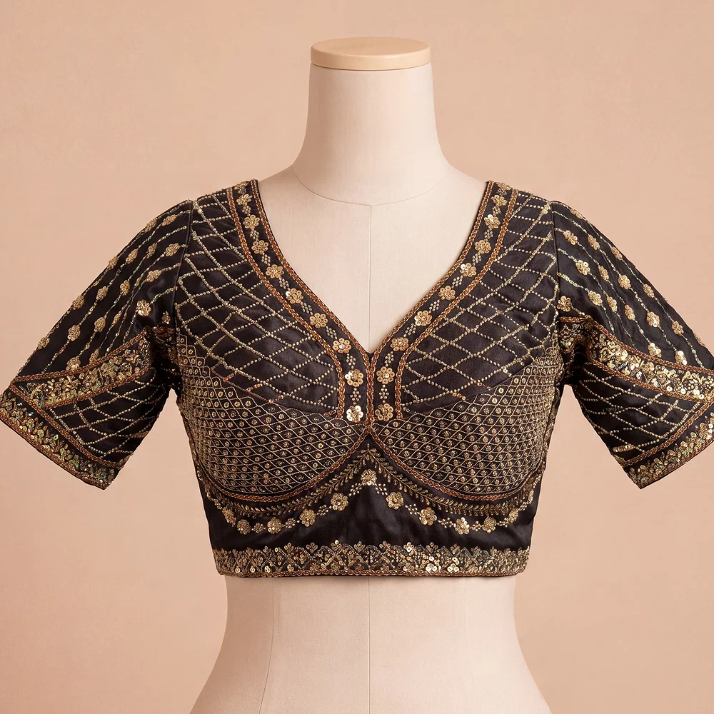 Black Color Handwork & Sequence Italian Silk Bridal Blouse — view 2