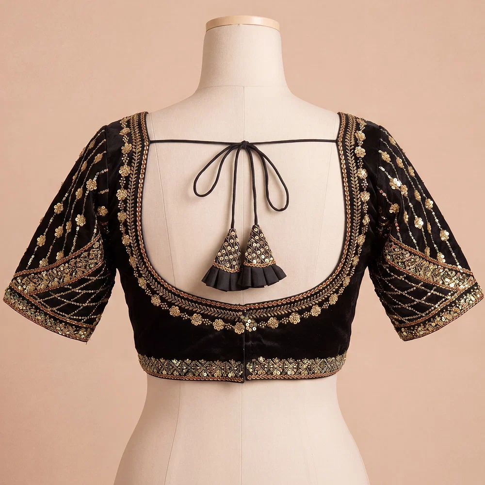 Black Color Handwork & Sequence Italian Silk Bridal Blouse — view 3
