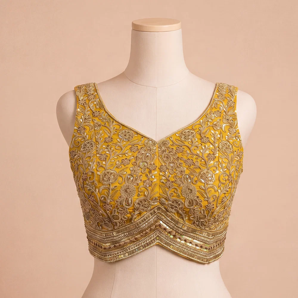 Yellow Italian Silk Heavy Coding Hand Work Sleeveless Designer Blouse — view 2