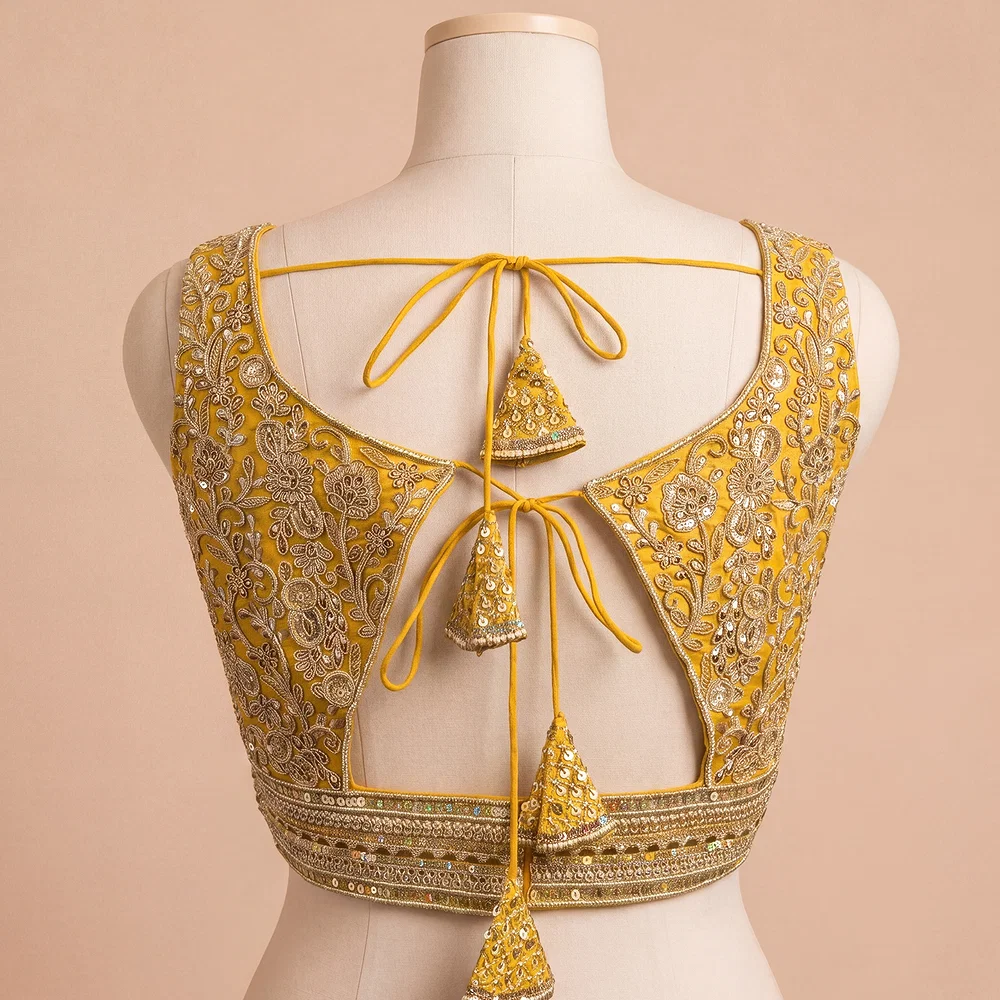 Yellow Italian Silk Heavy Coding Hand Work Sleeveless Designer Blouse — view 3