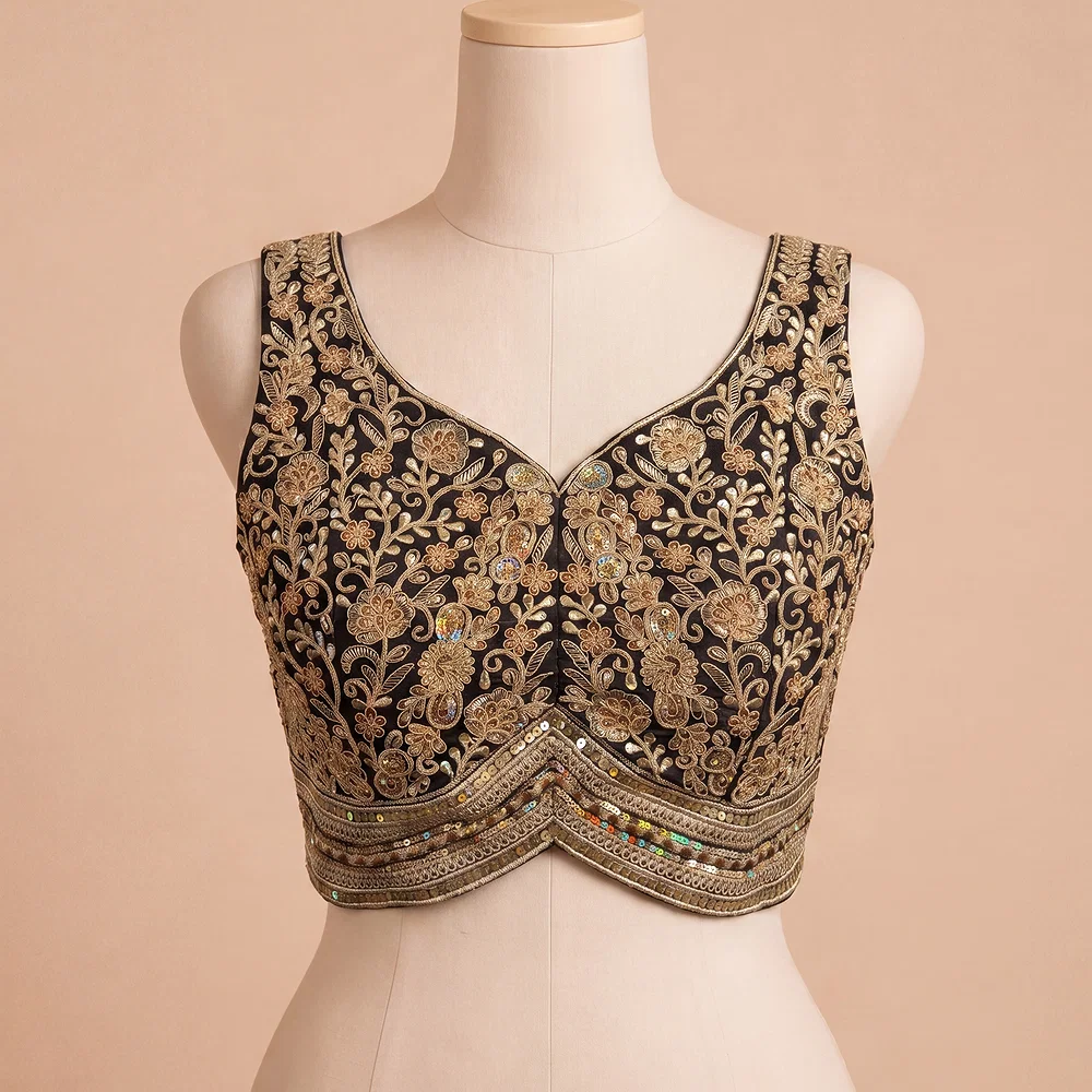 Black Italian Silk Heavy Coding Hand Work Sleeveless Designer Blouse — view 2