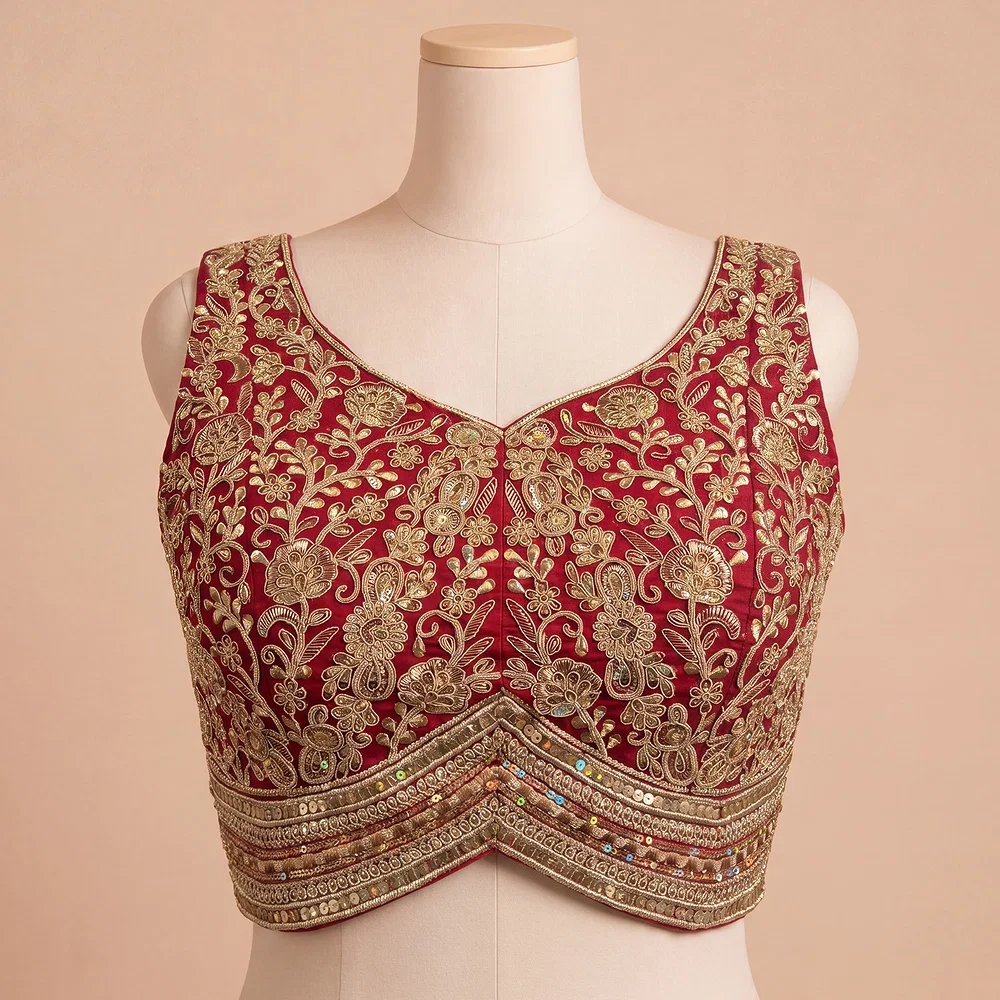 Red Italian Silk Heavy Coding Hand Work Sleeveless Designer Blouse — view 2
